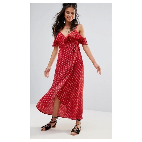 Band of Gypsies Wrap Red Maxi Dress Polka Dot Cold Shoulder - Picture 1 of 13